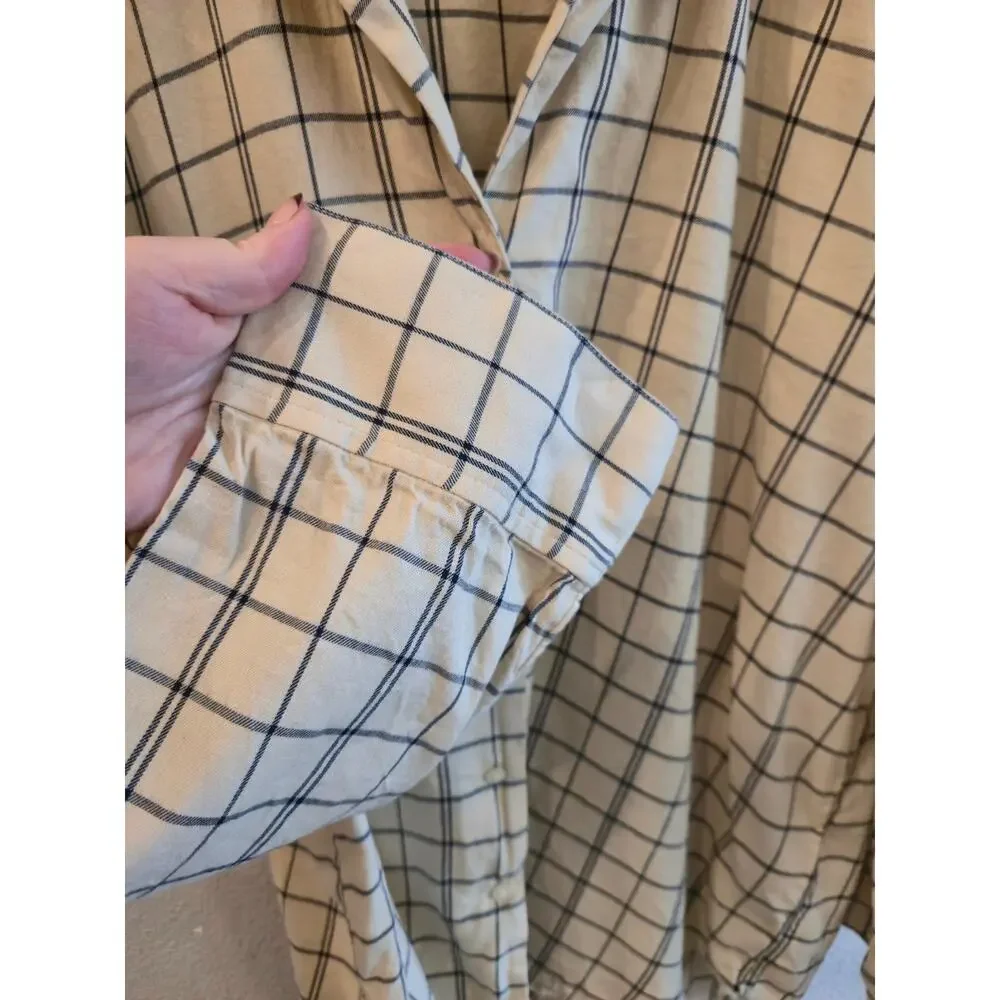 Madewell Women's 2 Piece Plaid Flannel Beige Windowpane Check Pajama Set Size L